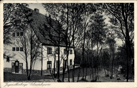 Postcard Schalksmühle in Sauerland, Gloertalsperre youth hostel, general view