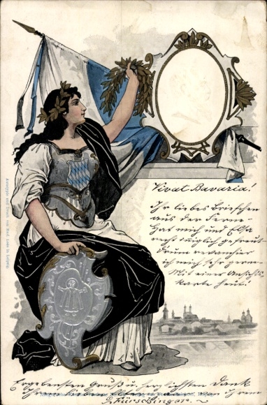 Embossed Chromo-Litho Munich, King Ludwig III of Bavaria, Portrait, Bavaria with flag and coat of arms