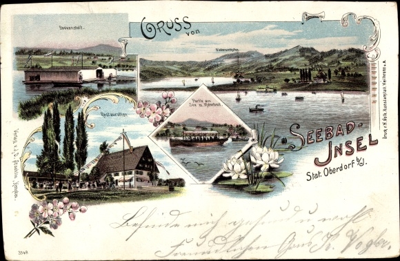 Chromo-Litho Oberdorf near Immenstadt Martinszell Waltenhofen Oberallgäu, seaside resort island, steamer
