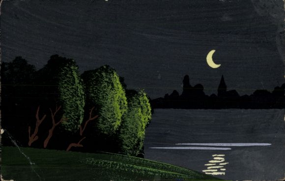 Hand-painted Postcard Lake at night, crescent moon