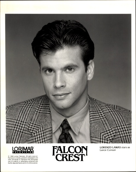 Postcard Actor Lorenzo Lamas, Portrait, Series Falcon Quest, Role Lance Cumson