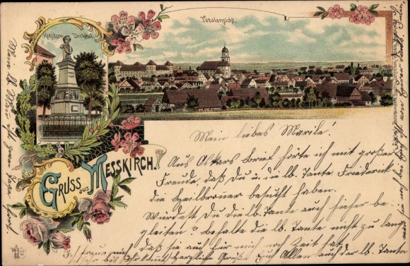 Litho Messkirch in de Schwäbische Alb, algemeen beeld, Kreutzer-monument