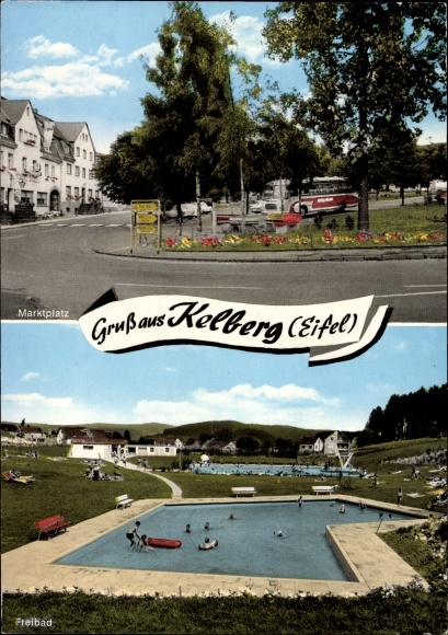 Postcard Kelberg in the Eifel, market square, bus, outdoor pool