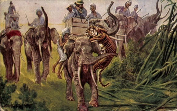 Artist PC Fromme, Ludwig, men on the tiger hunt, elephants
