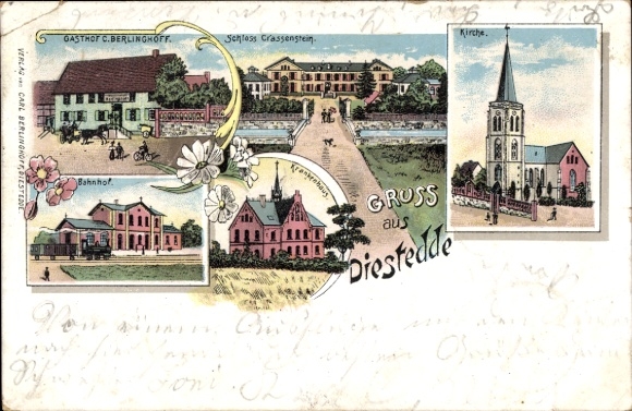 Chromo-Litho Diestedde Wadersloh in the Warendorf district, Gasthof C. Berlinghoff, train station, hospital, church