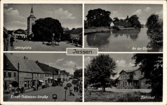 Ak Jessen an der Elster, Leninplatz, treinstation, Ernst-Thälmann-Straße