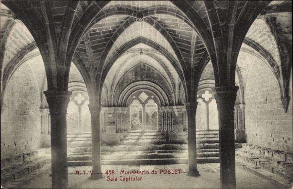Postcard Poblet Tarragona Catalonia, Monasterio de Sala Capitular, architecture, Gothic arches