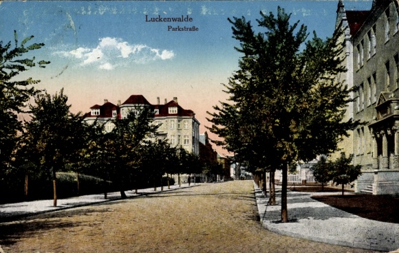 Postcard Luckenwalde in Brandenburg, landscape with trees, Parkstraße, architecture