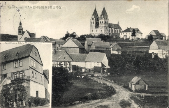 Postcard Ravengiersburg Rhineland Palatinate, Inn Chr Morschheiser, partial view, church