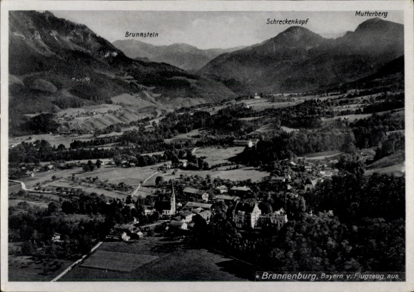Postcard Brannenburg in Upper Bavaria, aerial view of Mutterberg, Schreckenkopf, Brunnstein