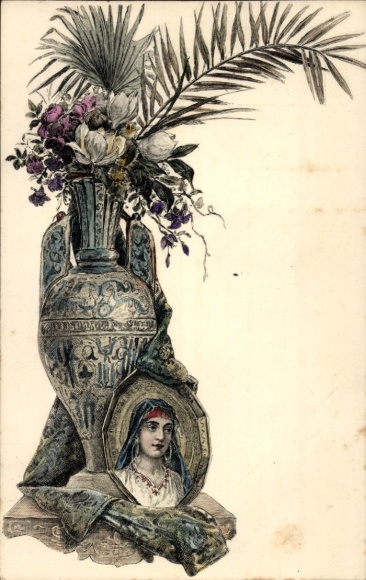 Postcard Flower Vase with Palm Branch, portrait of a Woman, Oriental