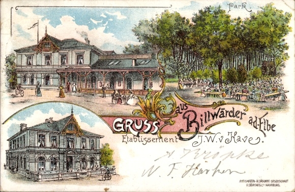 litho Hamburg Bergedorf Billwerder Billwärder aan de Elbe, oprichting JW v. Hebben, Park