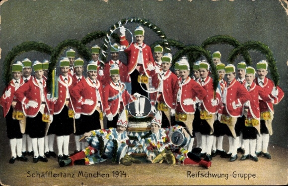 Ansichtkaart München Beieren, Schäfflertanz 1914, Reifschwung Troupe