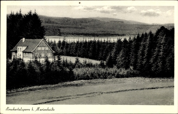 Postcard Marienheide in the Bergisches Land, Brucher Dam, forest landscape, house, mountains in the background
