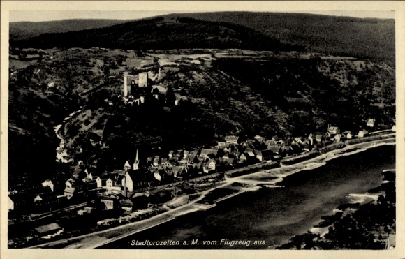 Postcard Stadtprozelten am Main Lower Franconia, aerial view of river in the foreground, castle visible