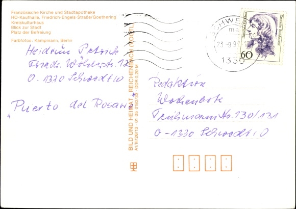 Postcard Schwedt an der Oder, Liberation Square, French Church, district culture house, HO department store