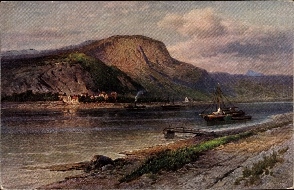 Künstler Ak Astudin, N., Erpel am Rhein, Erpeler Ley, Berg, Basaltfelsen, Flussufer