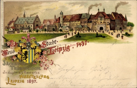 Wappen Litho Leipzig, Sächsisch Thüringische Industrie und Gewerbeausstellung 1897, Stadt Anno 1497