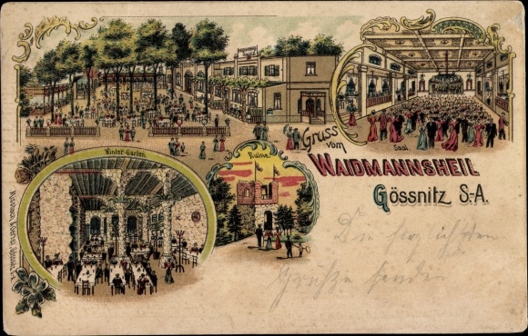 Litho Gößnitz in Thüringen, Gastwirtschaft Waidmannsheil, Wintergarten, Saal, Ruine