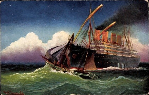 Artist Postcard Oversailed, steamer crashes into sailboat