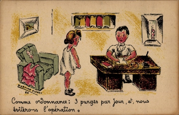 Artist Postcard Floret, Martine, boy at the desk, girl in underdress
