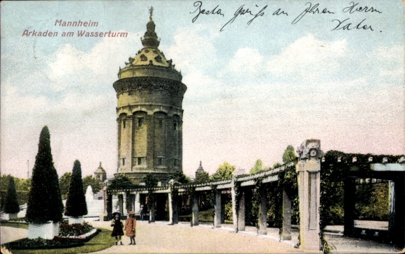 Postcard Mannheim in Baden, arcades at the water tower