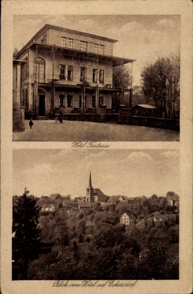 Postcard Eckersdorf in Upper Franconia, Hotel Fantasie, view from the hotel to the church