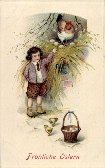 Ak Glückwunsch Ostern, Junge, Hühnerstall, Küken und Korb