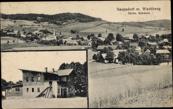 Postcard Saupsdorf Sebnitz in Saxony, panorama with Wachberg, buildings