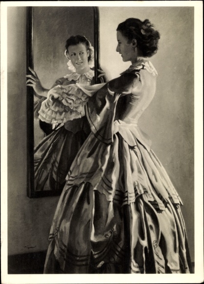 Artist PC Engelhard, Jul. H., in front of the mirror, young woman in a dress, HDK 443