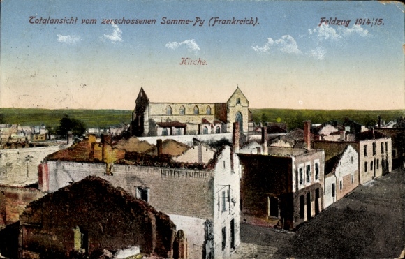 Ak Somme Py Sommepy Tahure Marne, Totale der zerschossenen Stadt, Kirche