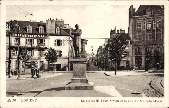 Postcard Lorient Morbihan, statue of Jules-Simon, Maréchal-Foch Street, city view, GORTREAU