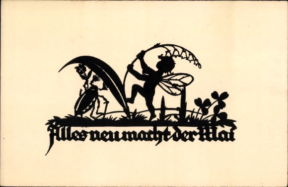 Paper cut Postcard Schwindt, AM, May makes everything new, may beetle, elf, shamrocks