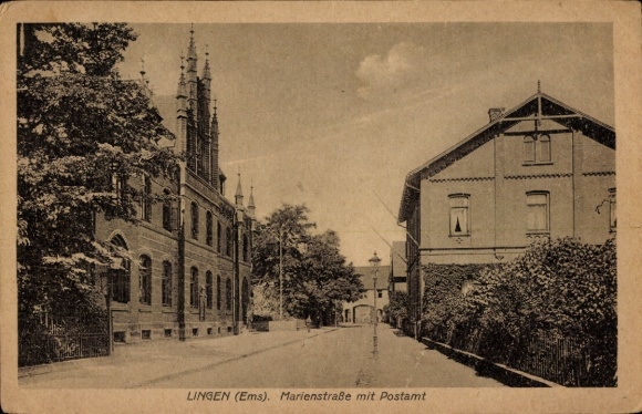 Postcard Lingen in Emsland, Marienstraße with post office, buildings, trees, street view