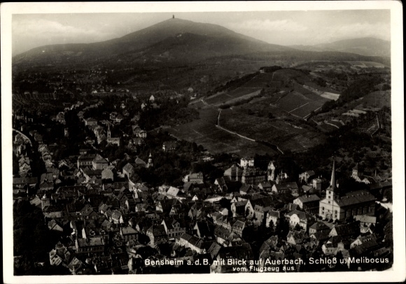 PC Bensheim an der Bergstrasse Hessen, aerial view, view of Auerbach, Castle, Melibocus