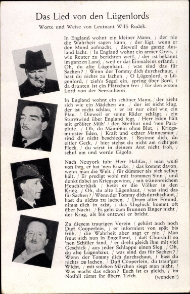 Song Postcard The Song of the Liar Lords, Winston Churchill, Lieutenant Willi Rudek, Halifax, II. WW