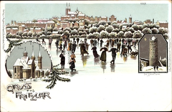 Winter Chromo-Litho Fritzlar in Hesse, cathedral, the gray tower, ice skaters