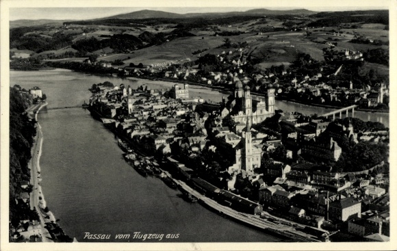 Postcard Passau in Lower Bavaria, aerial photograph