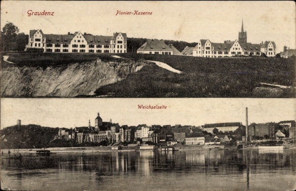 Postcard Grudziądz Graudenz West Prussia, Pioneer Barracks, Vistula