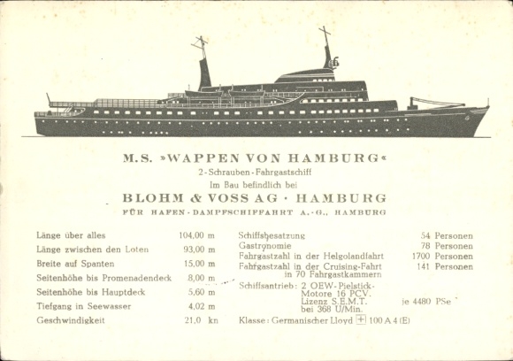 Kunstenaarsansichtkaart passagiersschip MS wapen van Hamburg, Blohm en Voss, te water gelaten in 1962