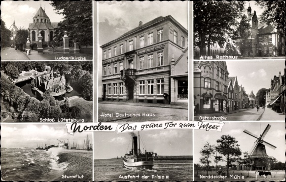 Ak Norden Ostfriesland, Hotel Deutsches Haus, Norddeicher Mühle, Altes Rathaus, Frisia, Lütetsburg