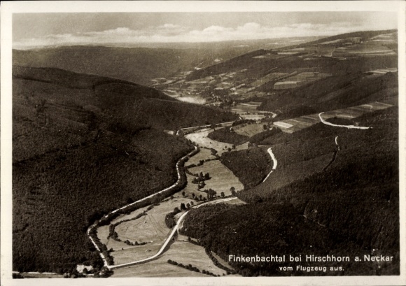 Ak Hirschhorn am Neckar Hessen, Luftaufnahme des Finkenbachtals, Hügel, Flusslandschaft