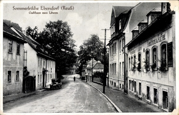 Postcard Ebersdorf in Thuringia, summer resort Ebersdorf, Gasthaus zum Löwen, street, trees