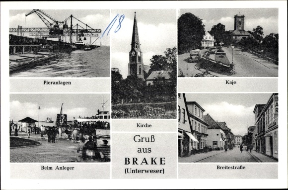 Postcard Brake on the lower Weser in Oldenburg, Kaje, Breitestrasse, piers, at the jetty, church