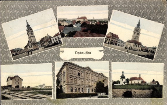 Ak Dobruška Gutenfeld Regio Hradec Králové, treinstation, perronzijde, uitzicht op de stad