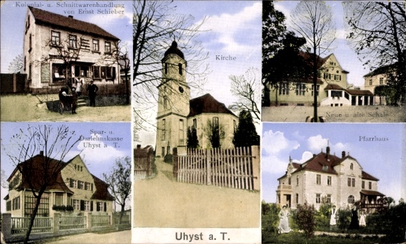 Postcard Uhyst am Taucher Burkau in Saxony, church, parsonage, sewing goods store, savings bank