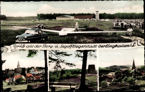 Ak Oerlinghausen im Kreis Lippe, Teilansicht, Segelflugzeug, Flugplatz