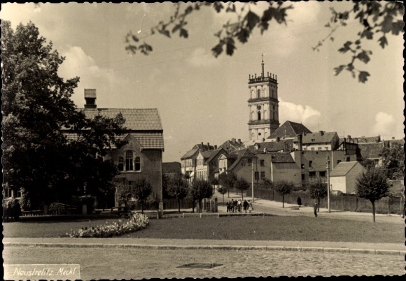 Postcard Neustrelitz in Mecklenburg, city view, tower, street section