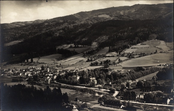 PC Wartberg im Mürztal Styria, total view of the village with surroundings, train station, track side