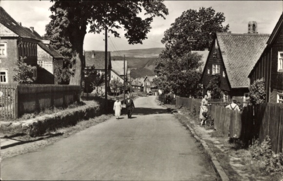 Postcard Lichtenhain at the Bergbahn Schwarzatal Thuringia, street with houses, trees, two people, l